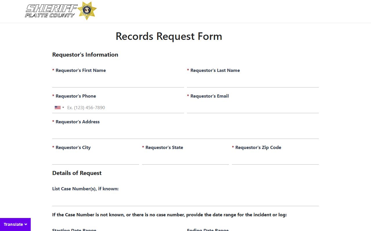 Platte County court records related sheriff records request form