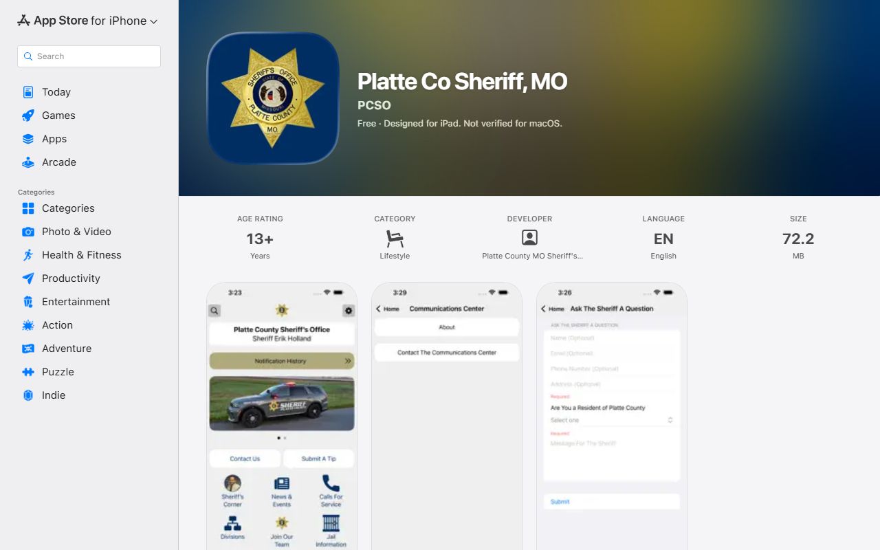 Platte County court records sheriff app Apple listing