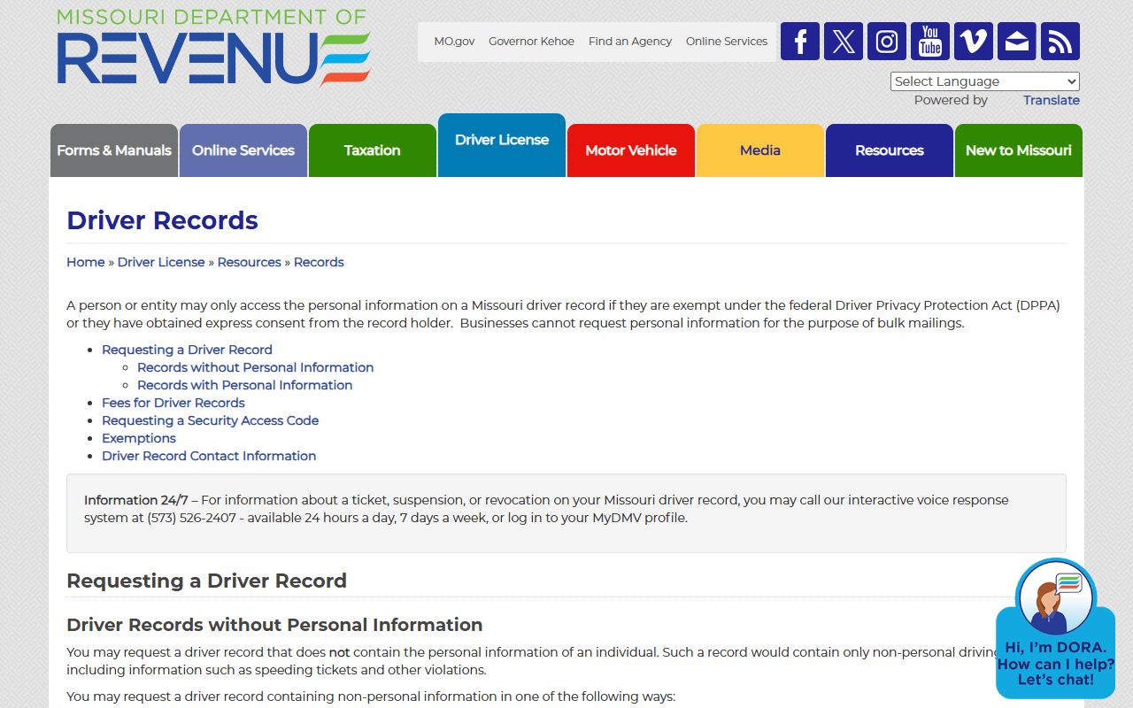 Platte County traffic court records Missouri DOR driver record page